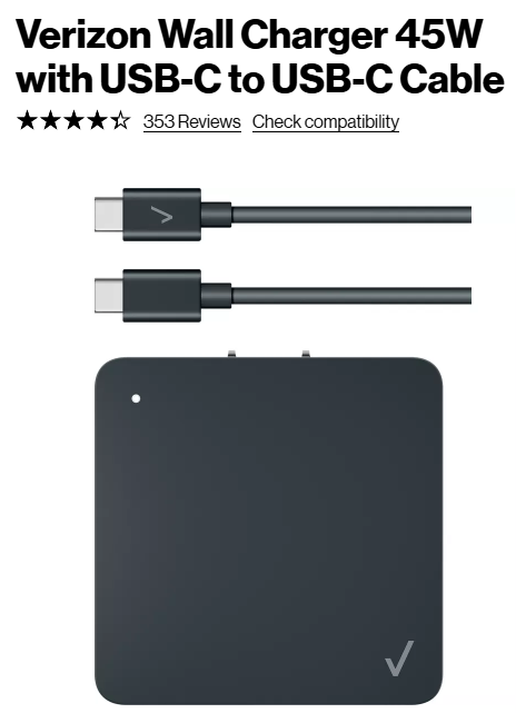 [全新] Verizon Wall Charger 45W with USB-C to USB-C Cable