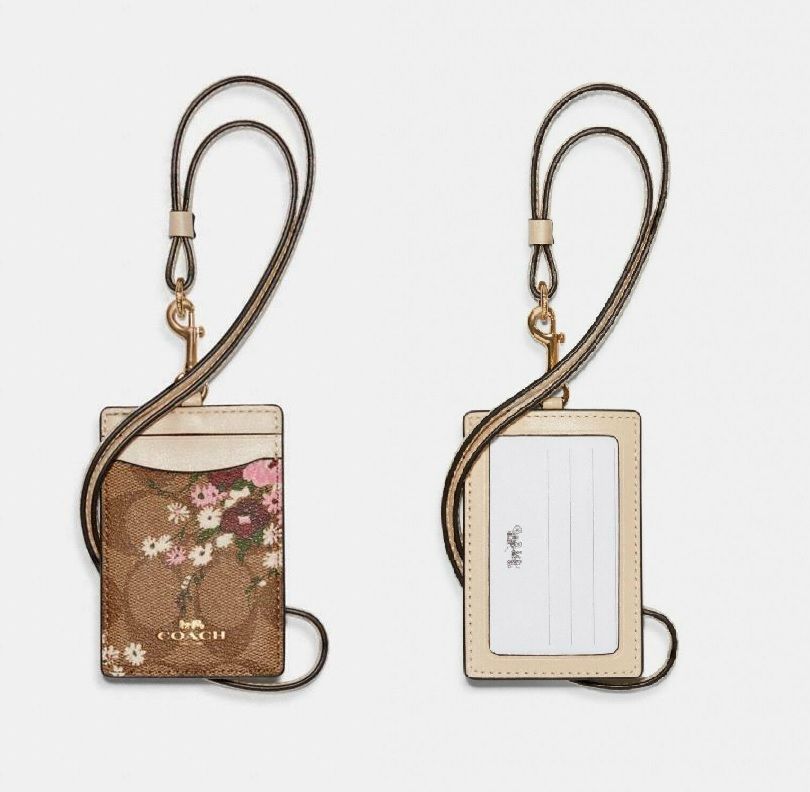 ♥️【Coach】米色x花卉卡其PVC滿版LOGO掛式證件夾