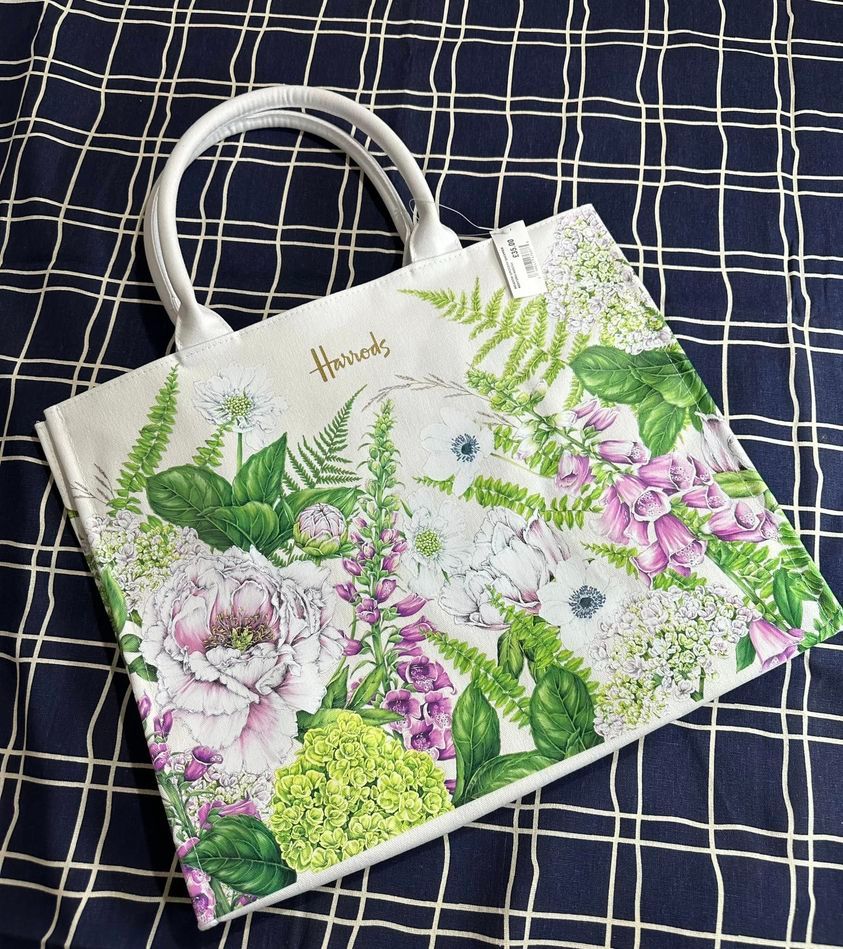 Harrods新款 綠葉花花購物袋