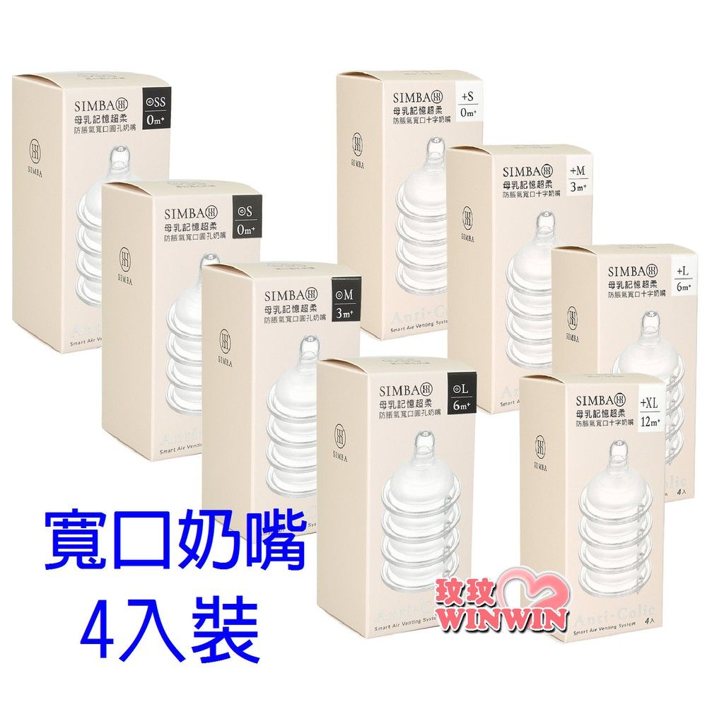 小獅王辛巴母乳記憶超柔防脹氣奶嘴「寬口徑 ~ 4入裝」 7個尺寸可選，滿足寶寶需求