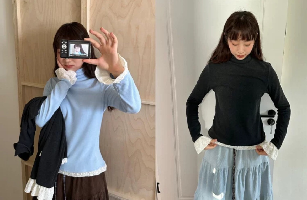 海風搖籃 花邊加絨正肩高領打底衫