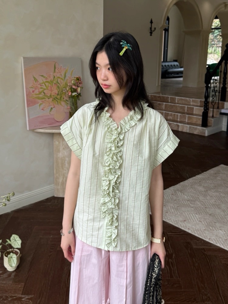 冰搖青檸 木耳花邊條紋襯衫