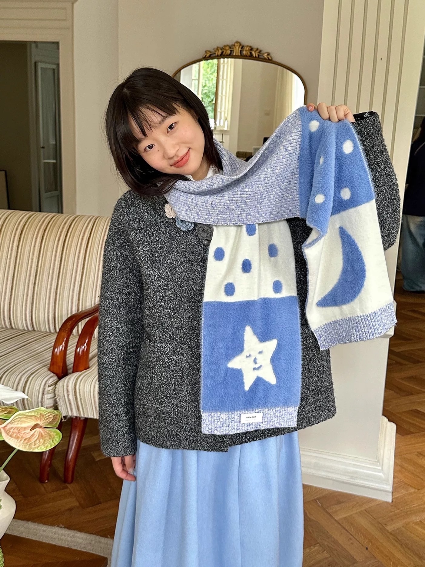 曠藍星星 雙面重工彩紗圍巾