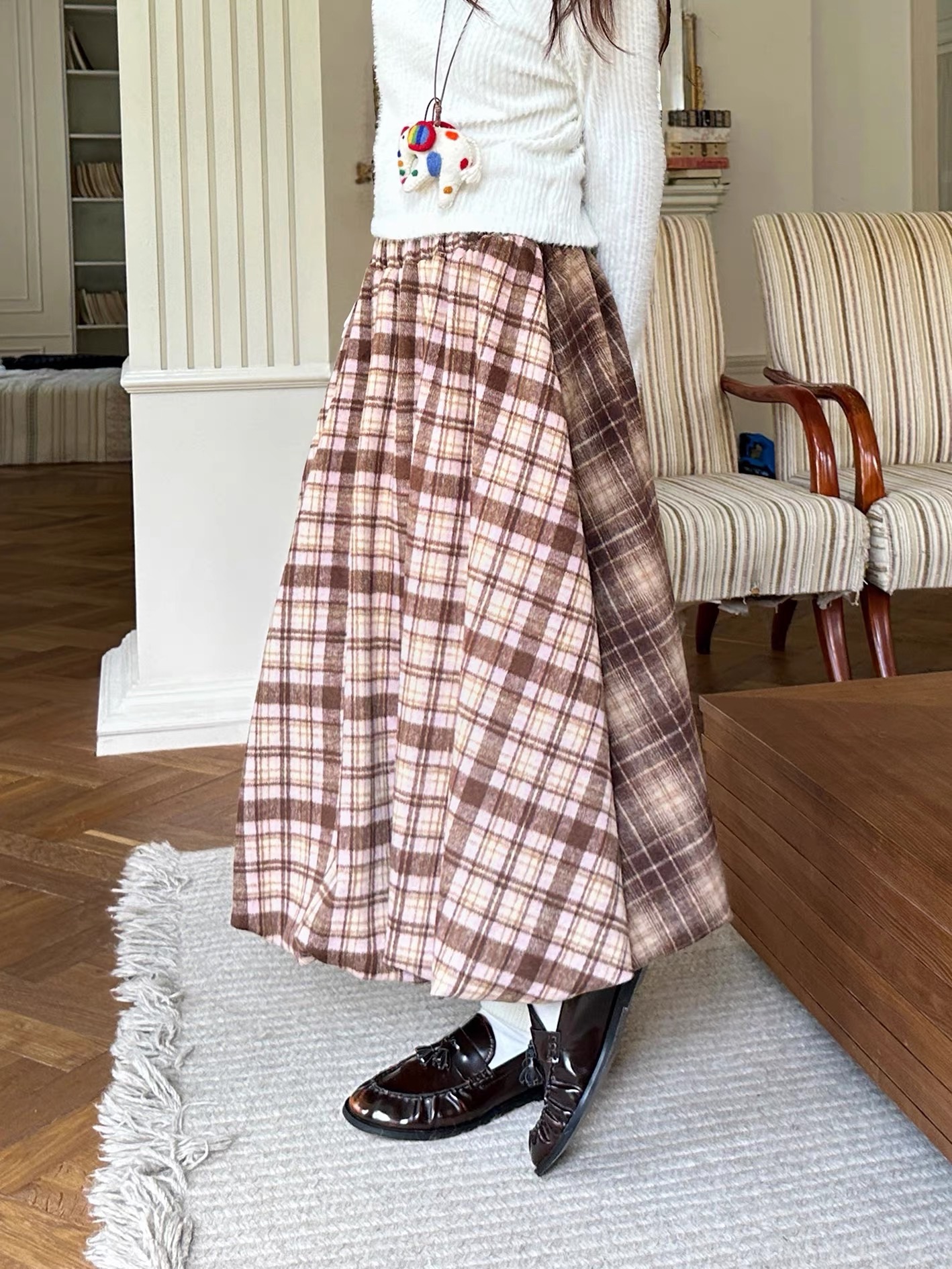 柔霧青莓 兩拼花苞裙 正反兩穿鬆緊腰