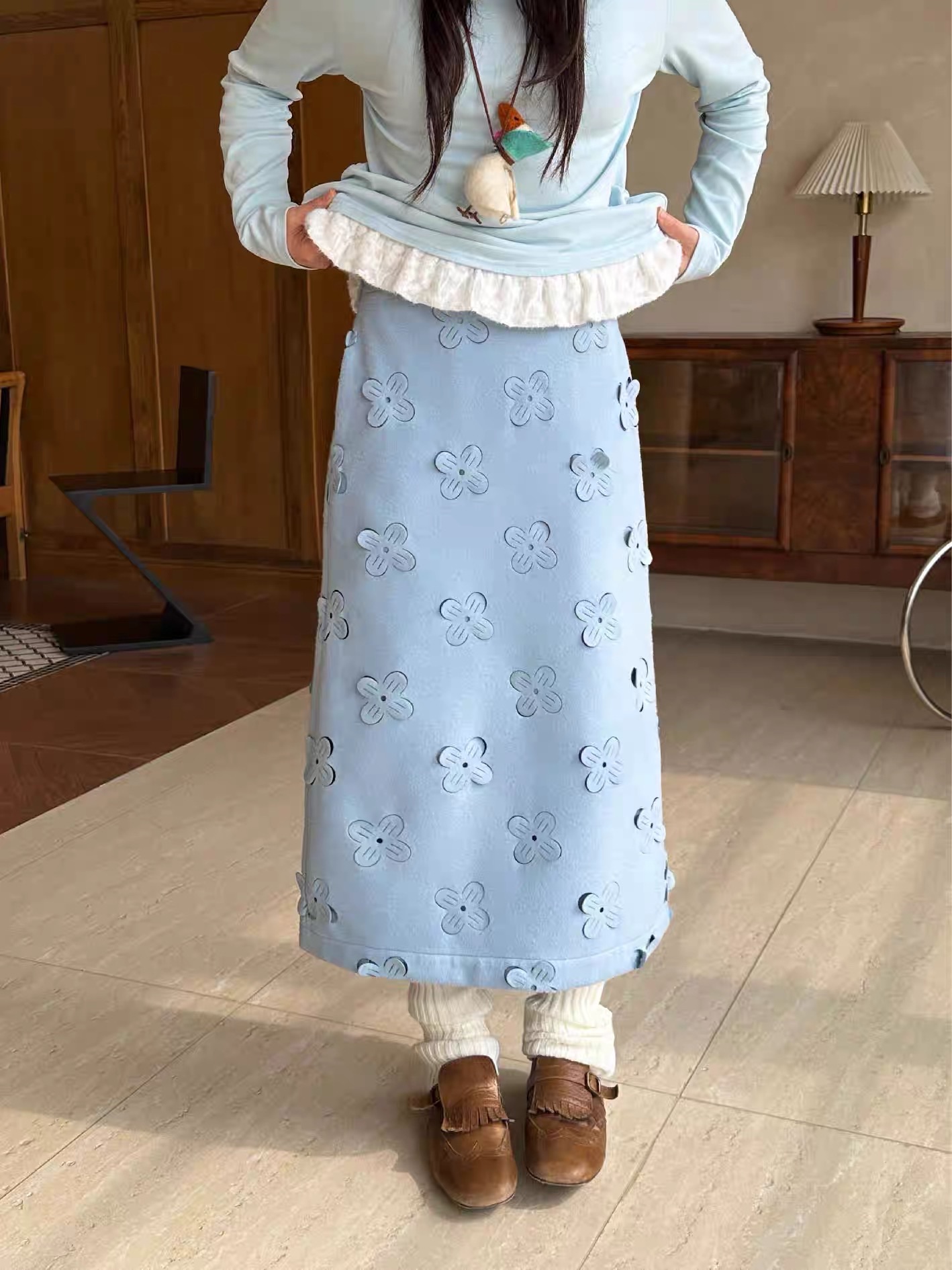 花間來信 毛呢立體鏤空直筒裙