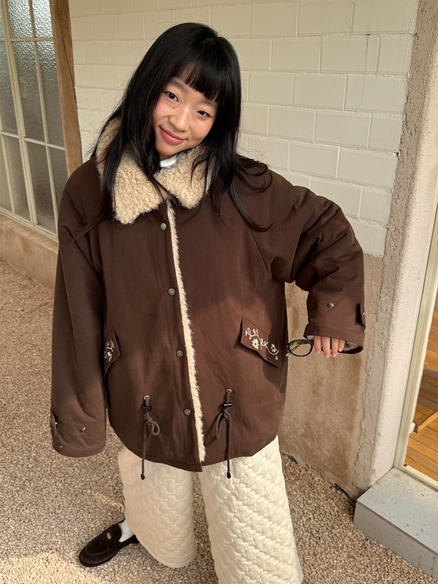 布魯花盞 羊羔毛復古刺繡外套