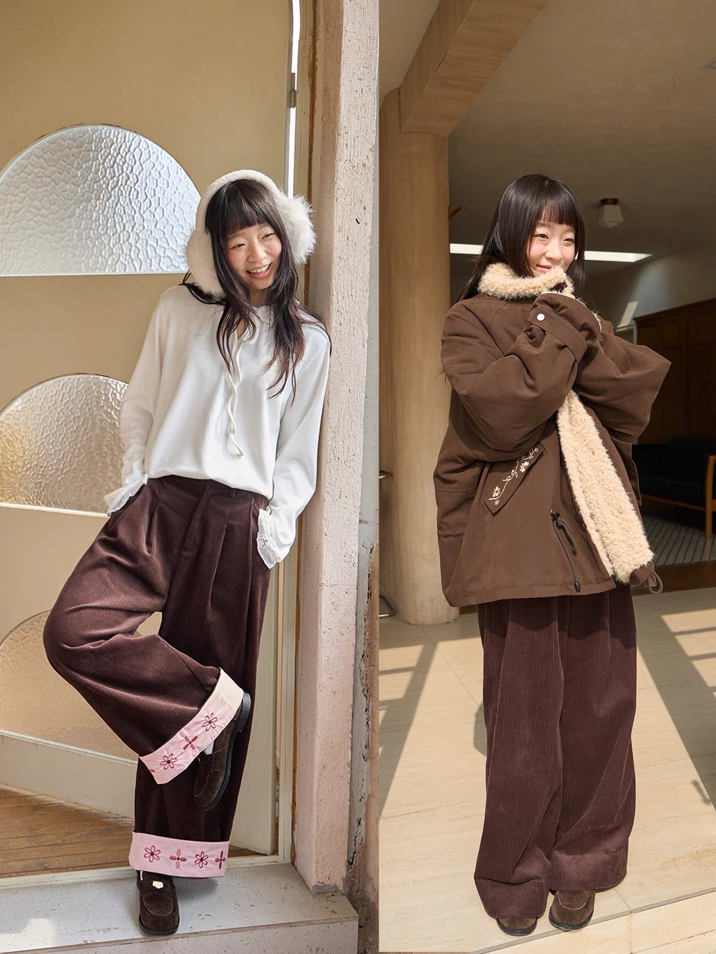 花間集郵 翻邊繡花直筒燈芯絨