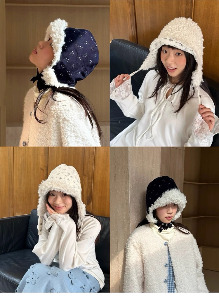 紫羅蘭花集 雙面圈圈毛燈芯絨碎花護耳雷鋒帽