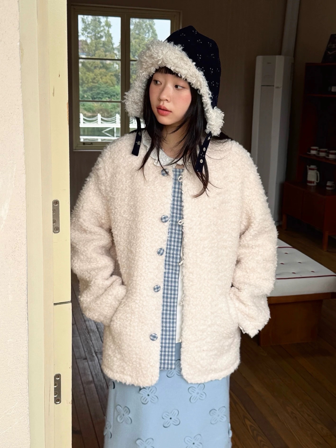 奶白雪林 夾棉加厚格子羊羔毛外套