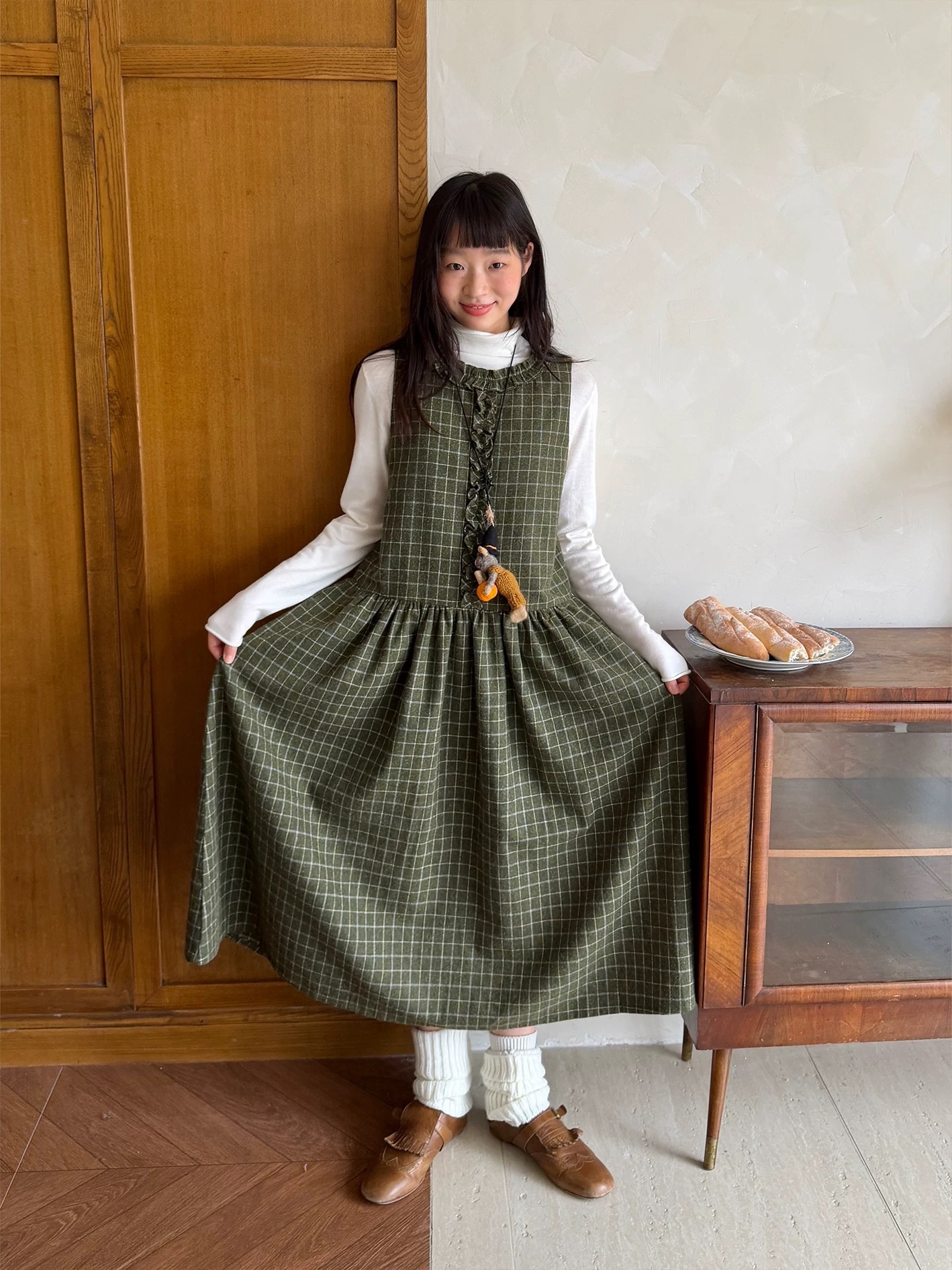 青野房間 格紋拼接無袖連衣裙