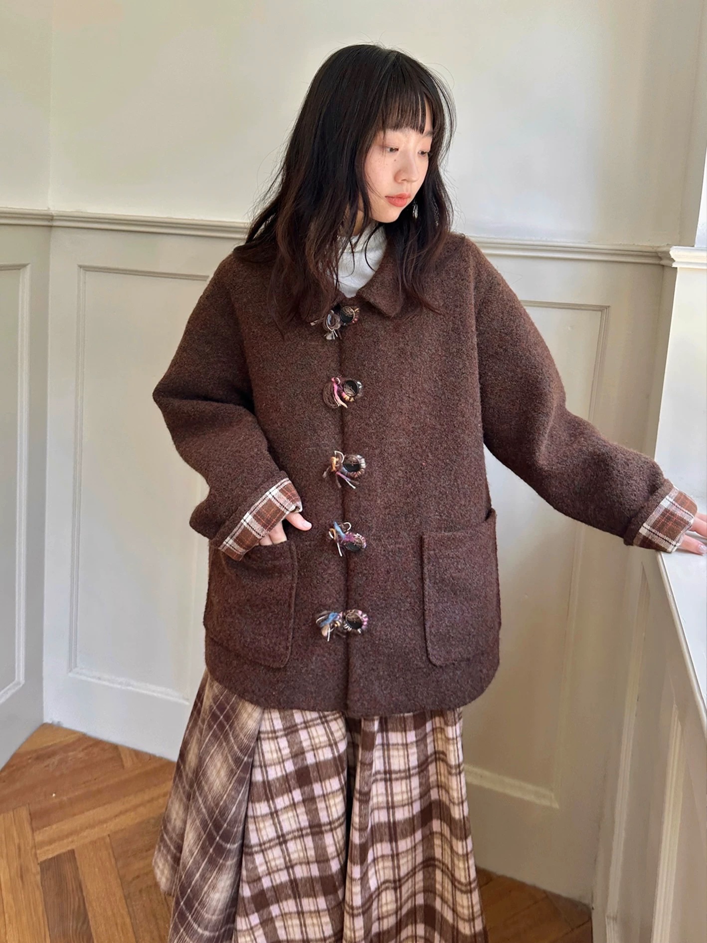 焦糖彩圈 手工編織紐釦大衣