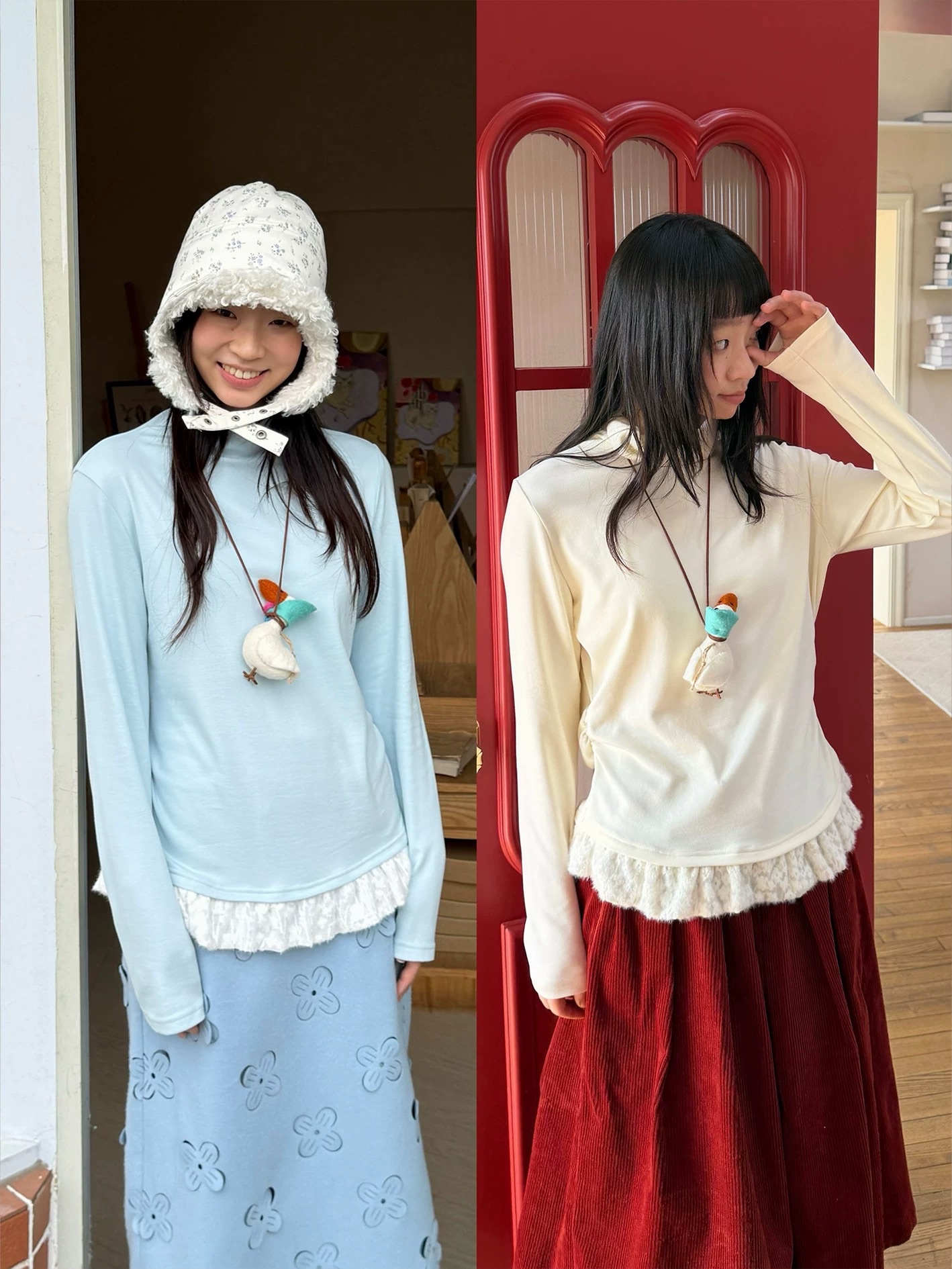 鬆軟雪花 高領拼接弧形下擺打底