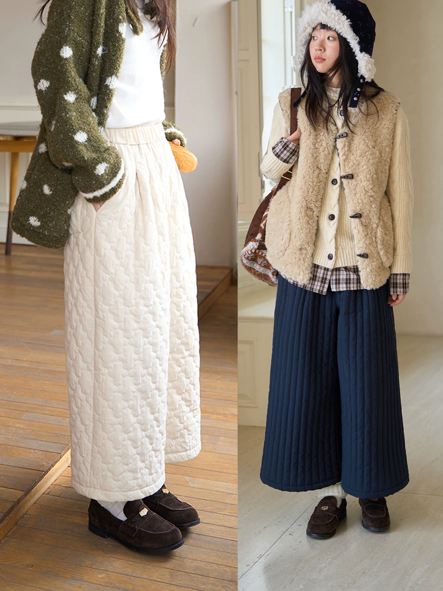 丘山暮冬 格紋加厚九分絎棉褲