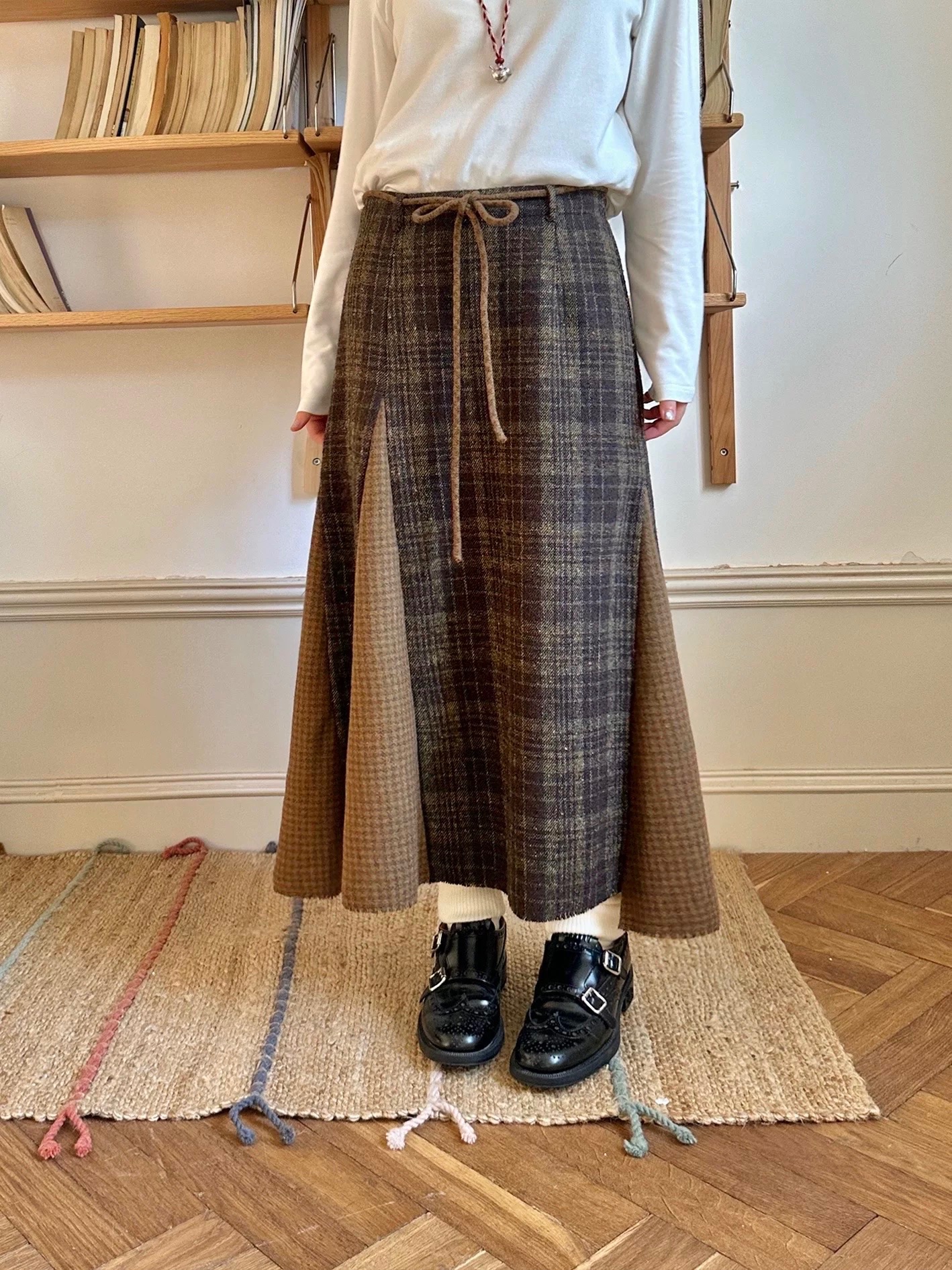 冬日午後 黃咖色格紋半裙