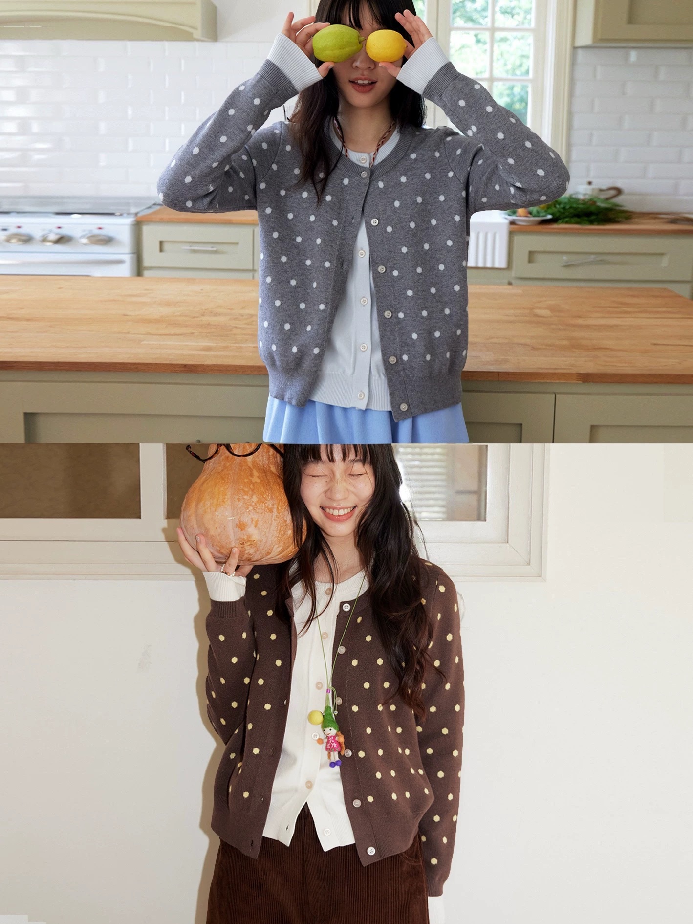 南瓜小鎮 波點假兩件針織開衫