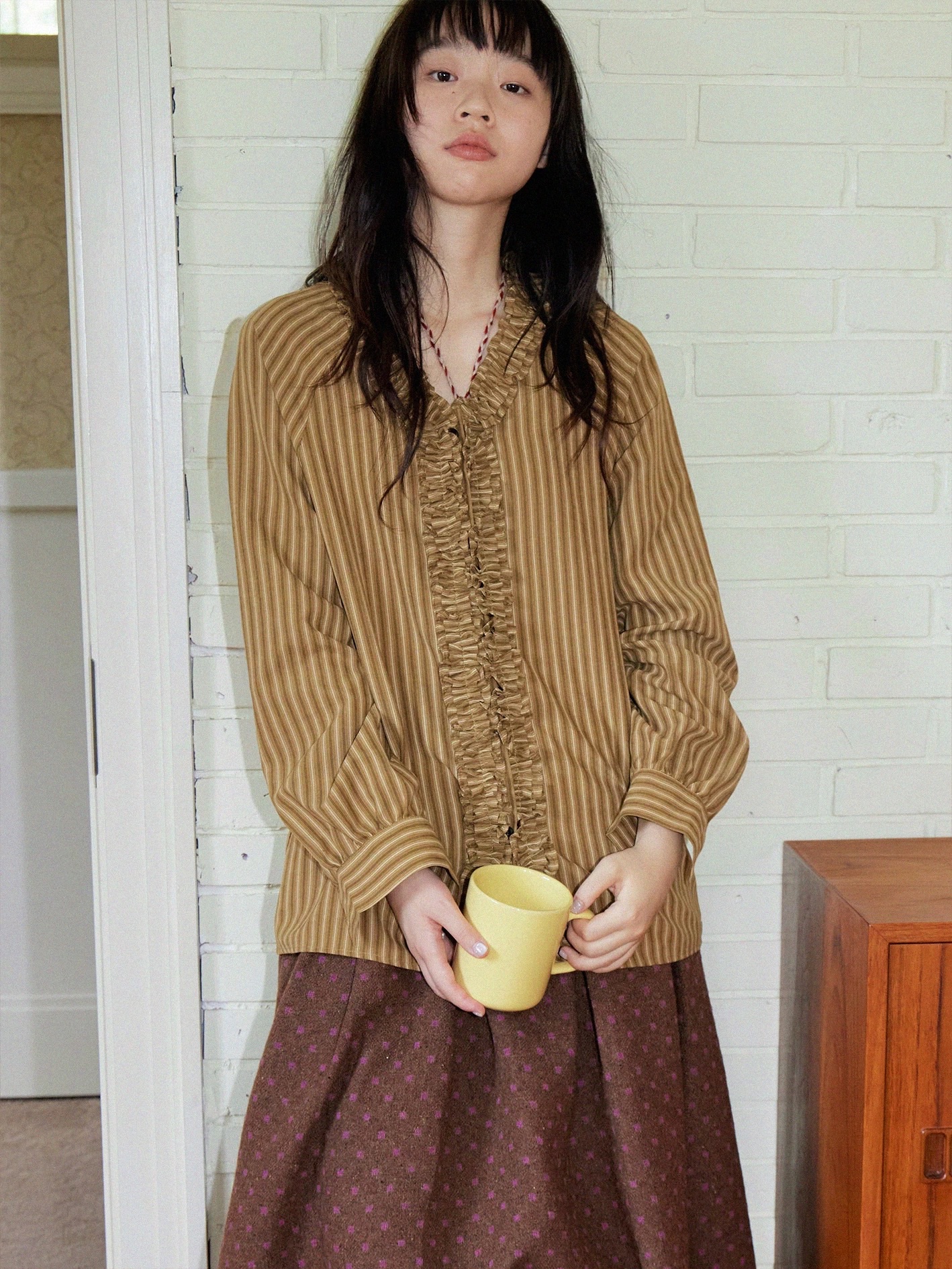 栗子紅茶 花邊條紋襯衫