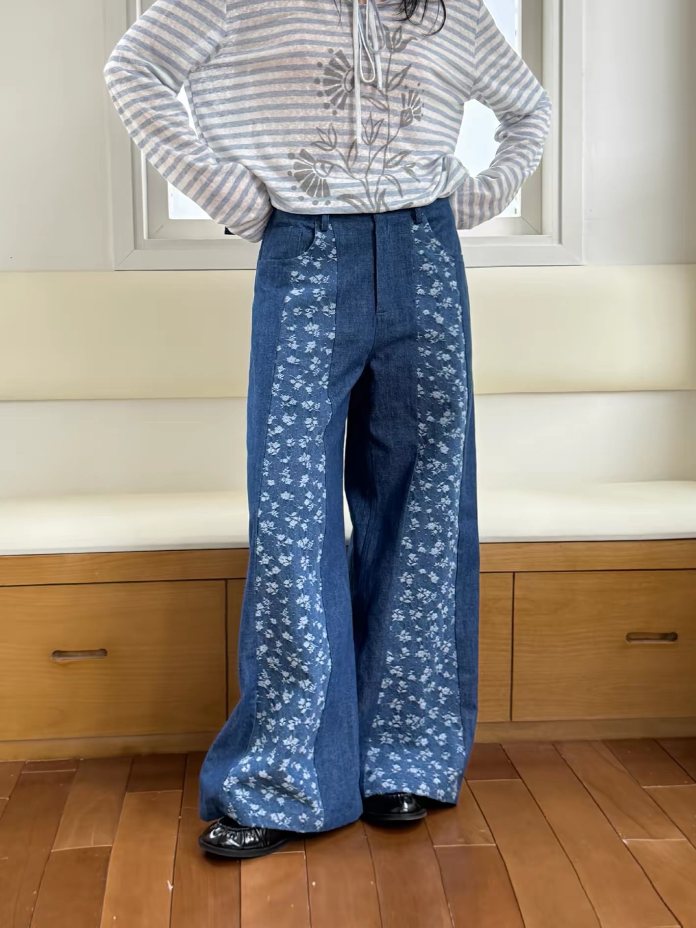 New💐 電影唱片 拼接提花闊腿牛仔褲