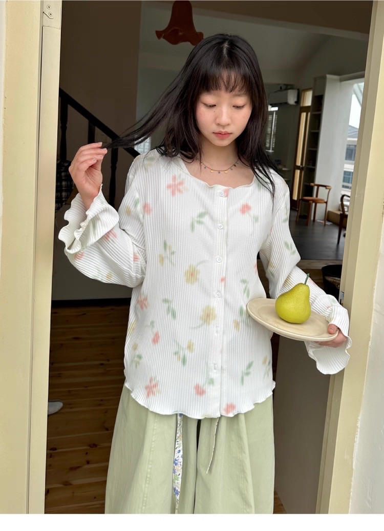 New💐 柔焦花影 滿底手繪印花壓褶開衫