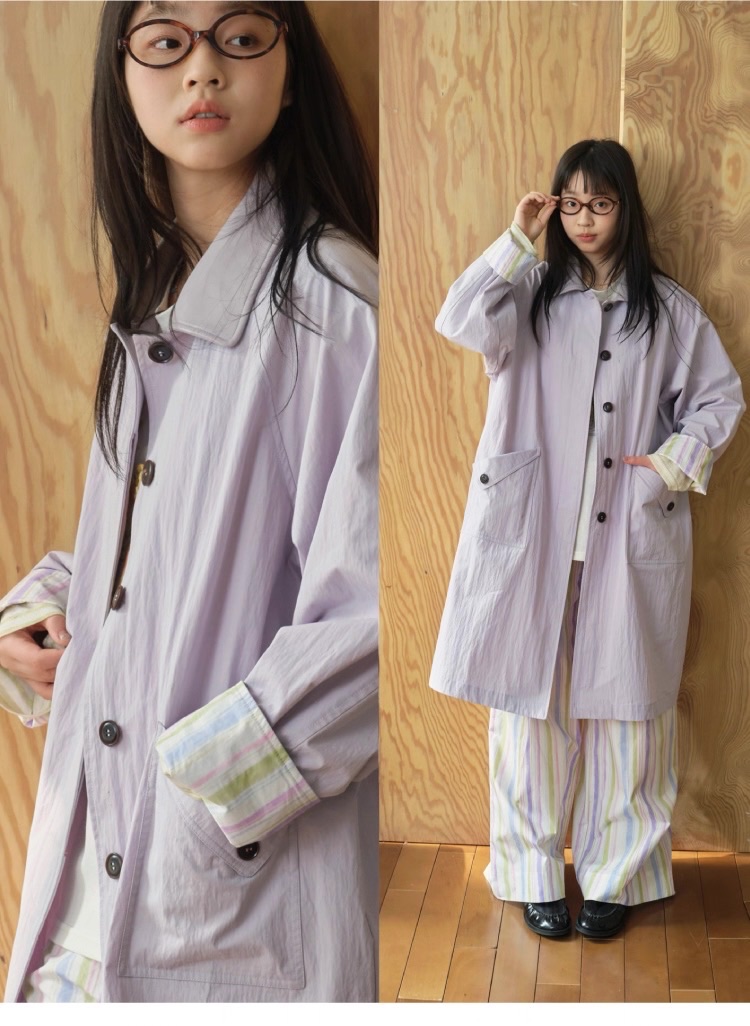 New💐 淡紫空氣 拼皮領紫色中長款風衣