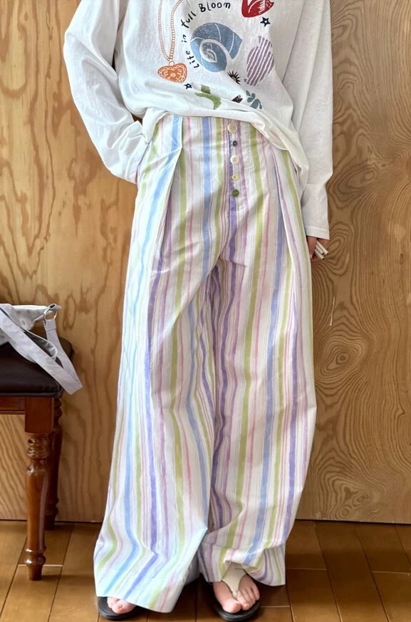 New💐 暈染畫家 全棉褶間印花條紋褲