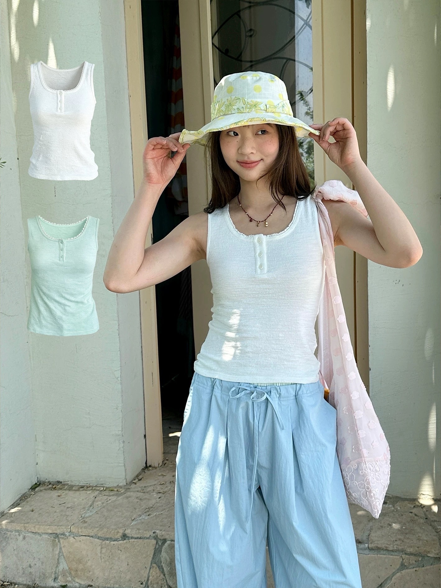 New💐 仲夏日光 花邊亨利領背心