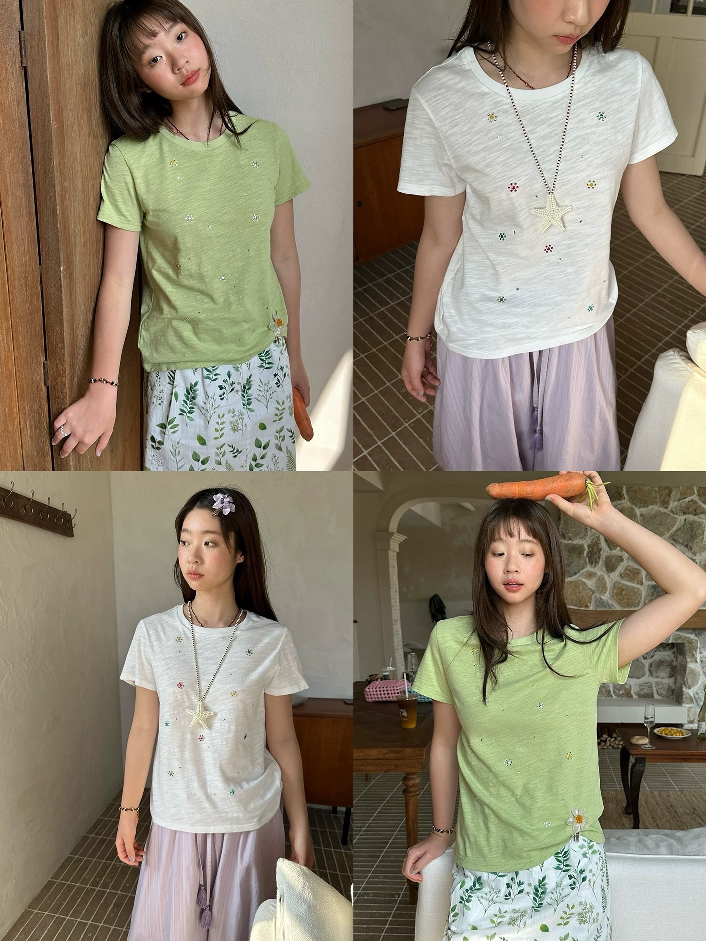New💐 浪漫花冊 彩色燙鑽小花短袖T