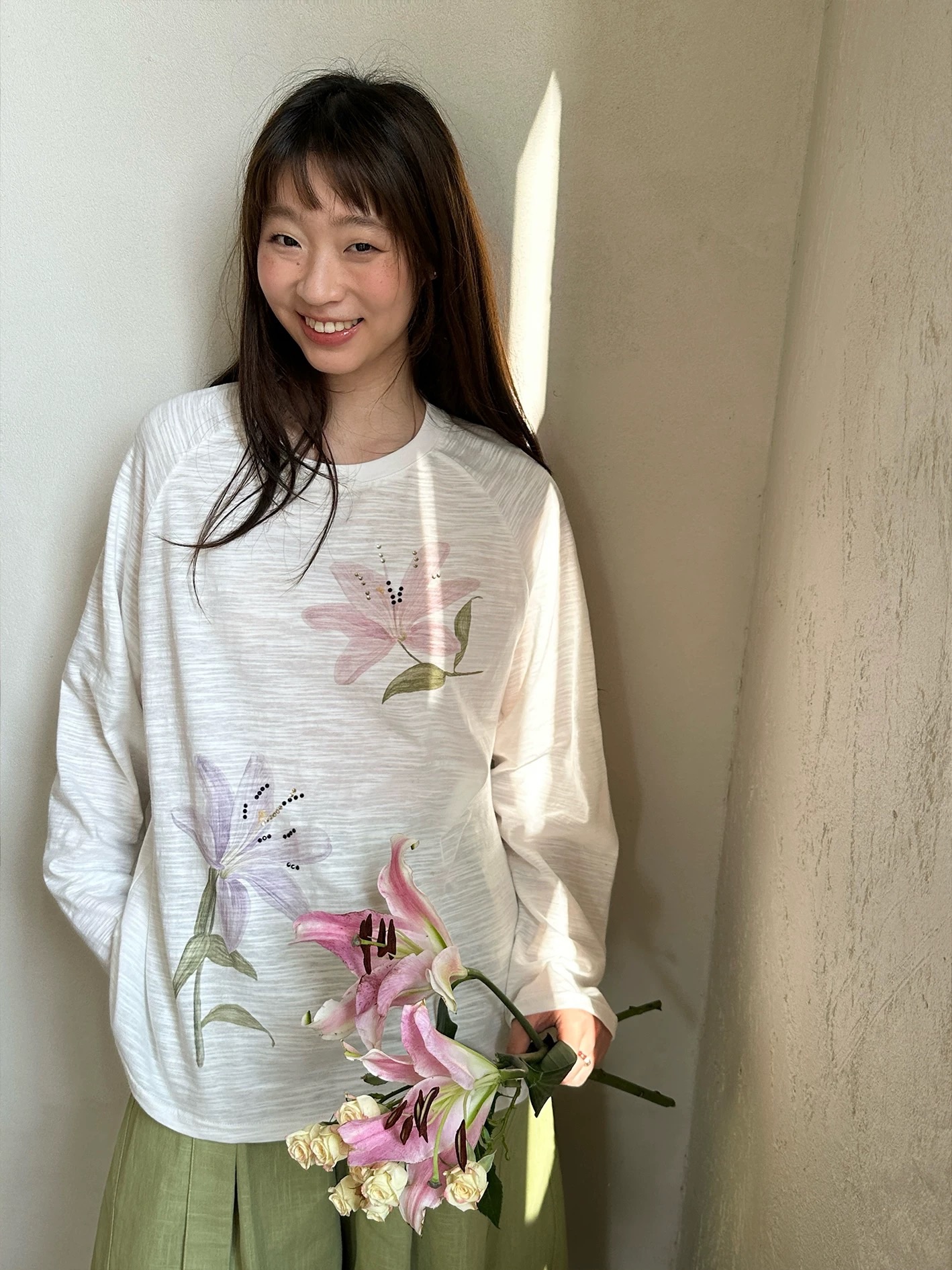 New💐 冷水百合 燙鑽印花竹節紋插肩袖T