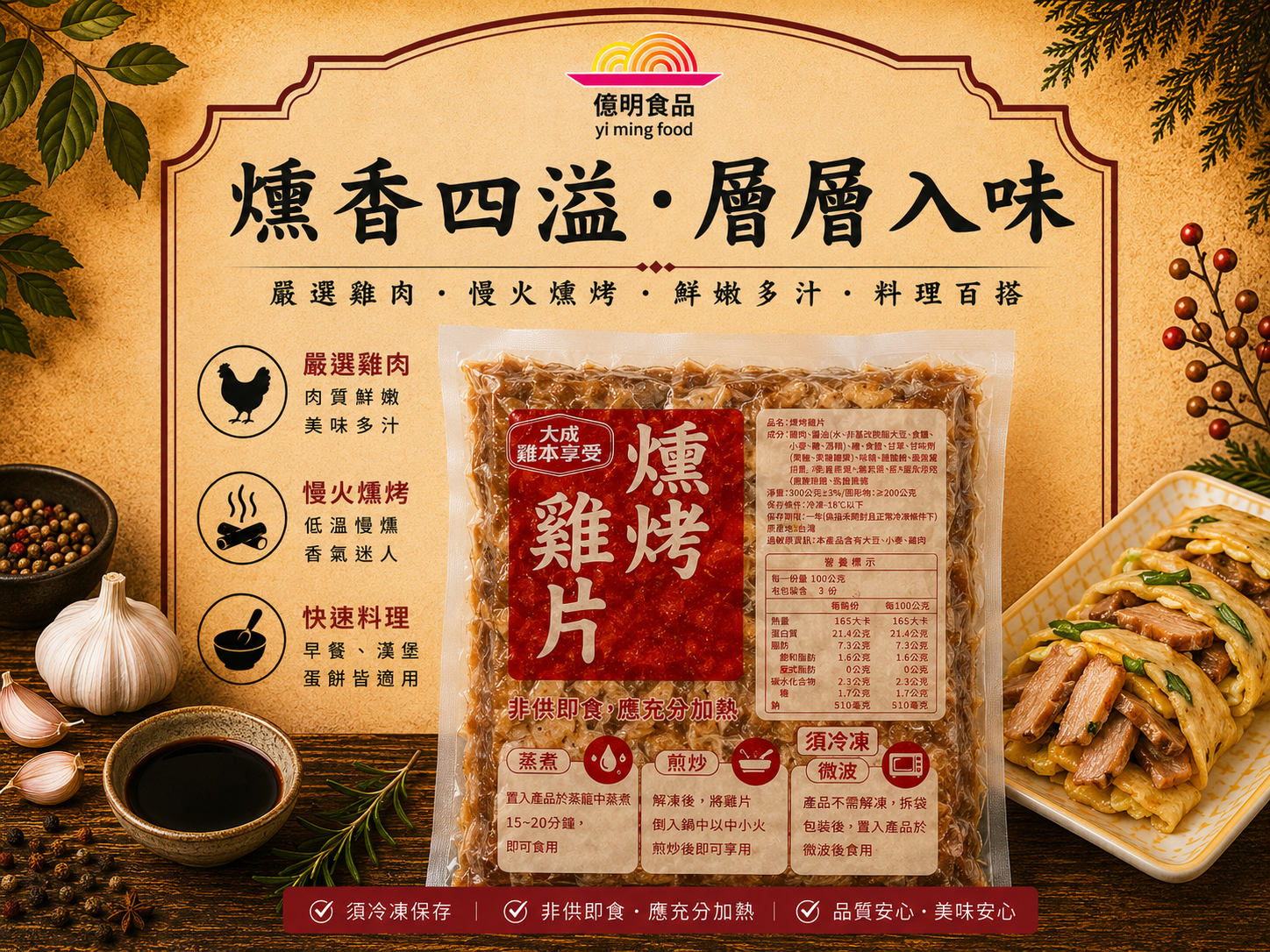【億明食品】 大成德式燻烤雞片 1kg 燻雞蛋餅 燻雞吐司 燻雞漢堡