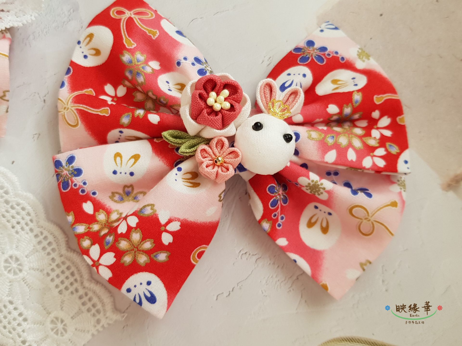 《白梅兔兔》蝴蝶結布花髮夾