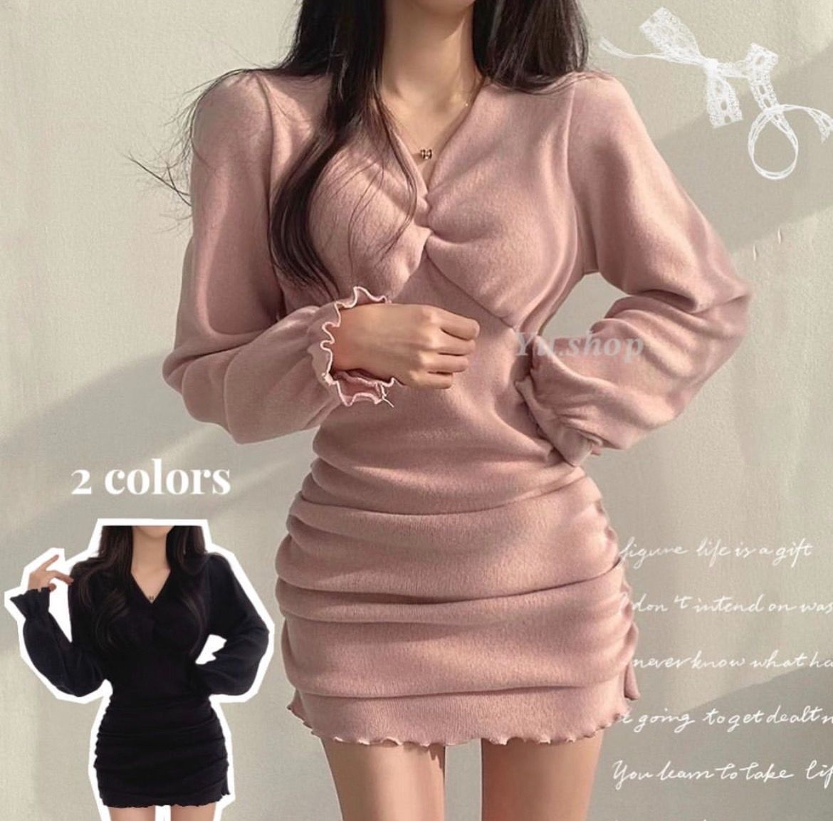 韓版V領泡泡袖約會洋裝♡