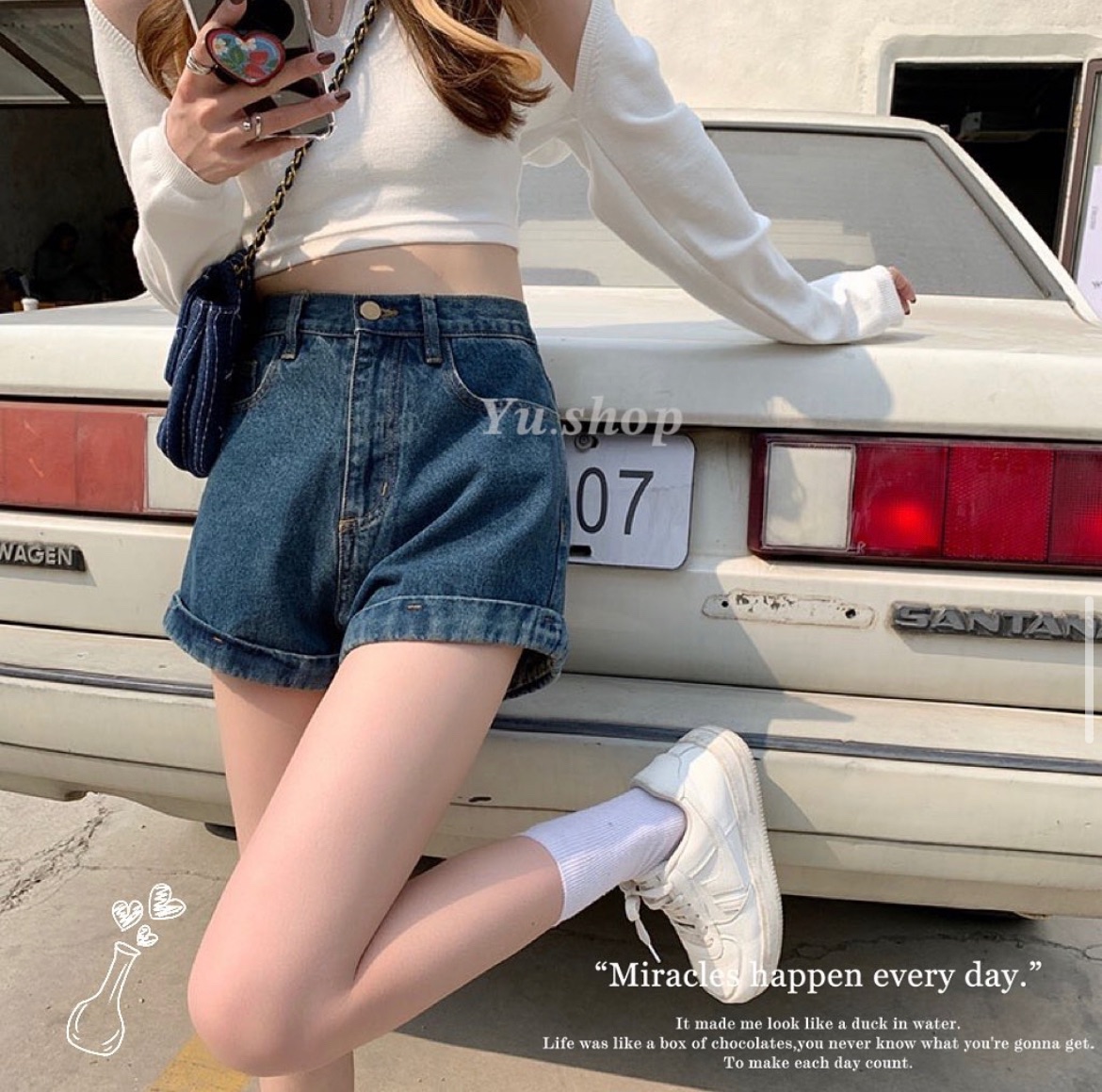 三色卷邊高腰百搭牛仔短褲♡