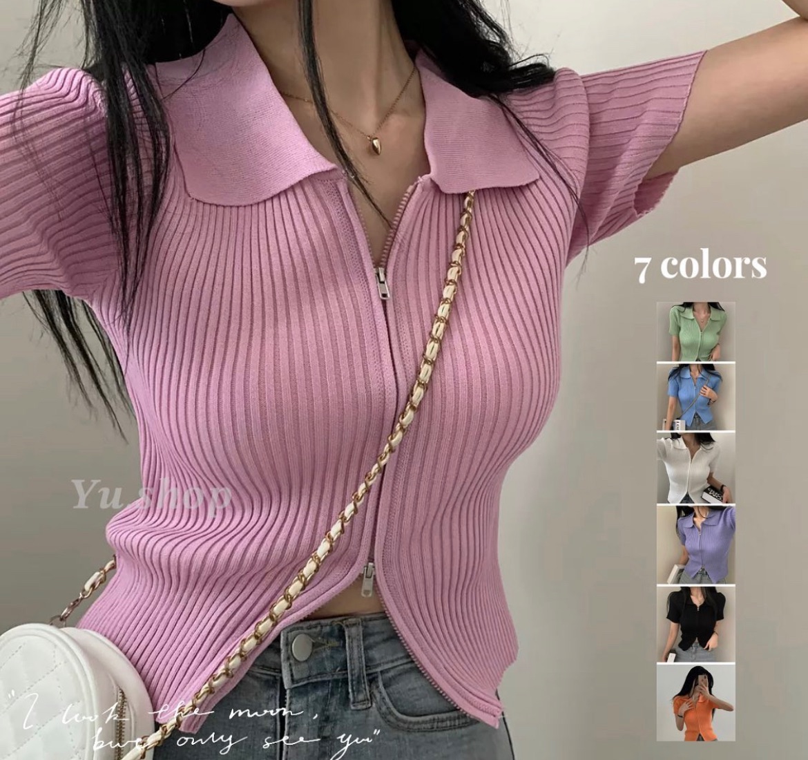 韓版簡約針織拉鍊短款上衣♡