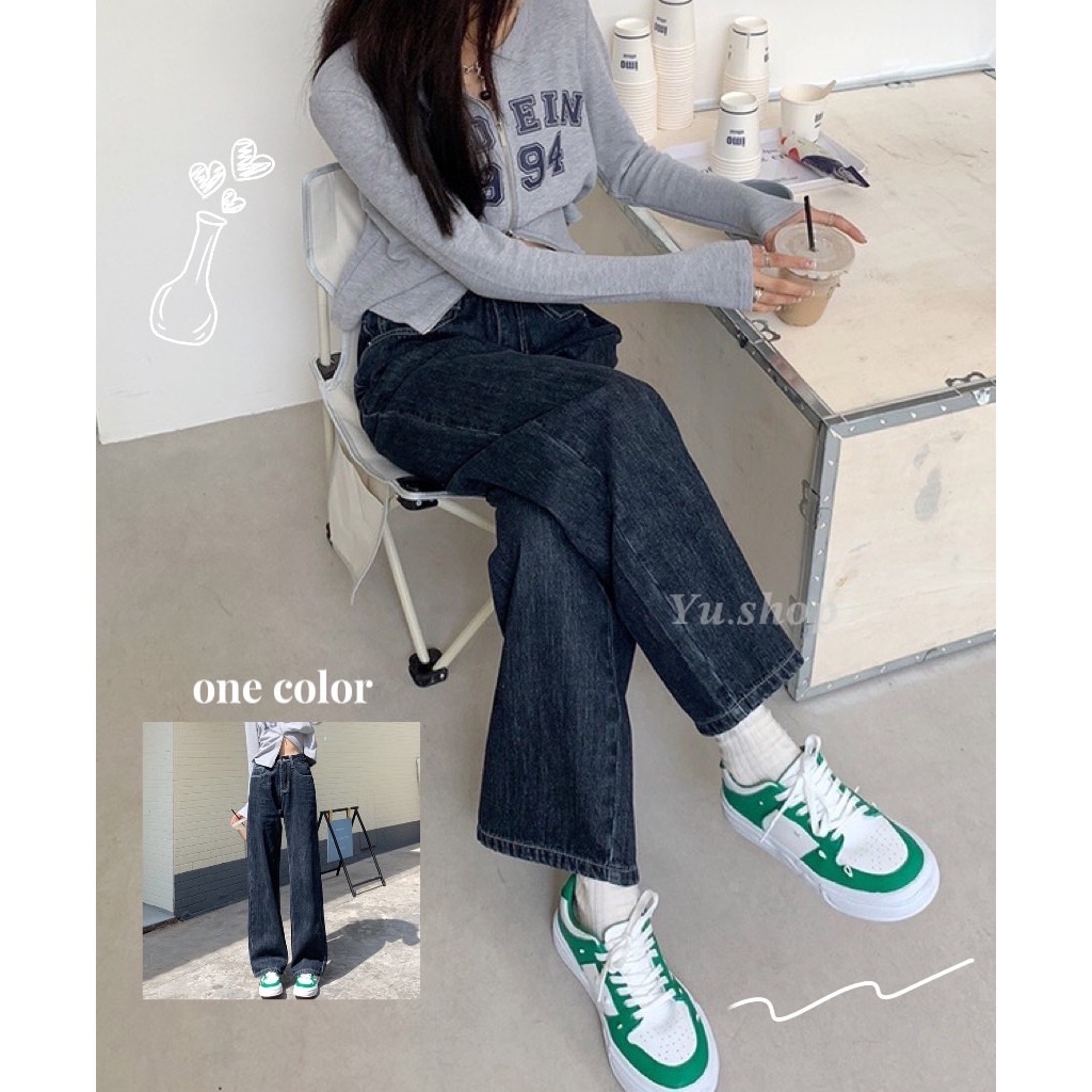 夏季深藍色百搭款高腰丹寧牛仔長褲♡