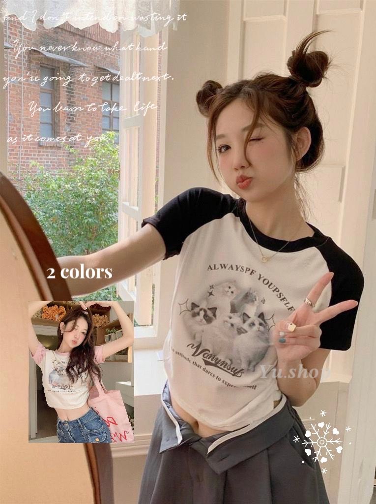 短板純欲風印花貓咪上衣♡