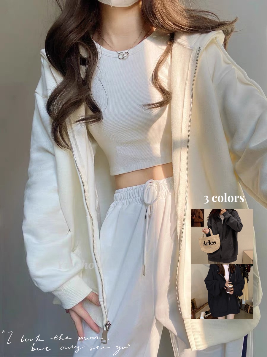 素色百搭寬鬆連帽外套♡