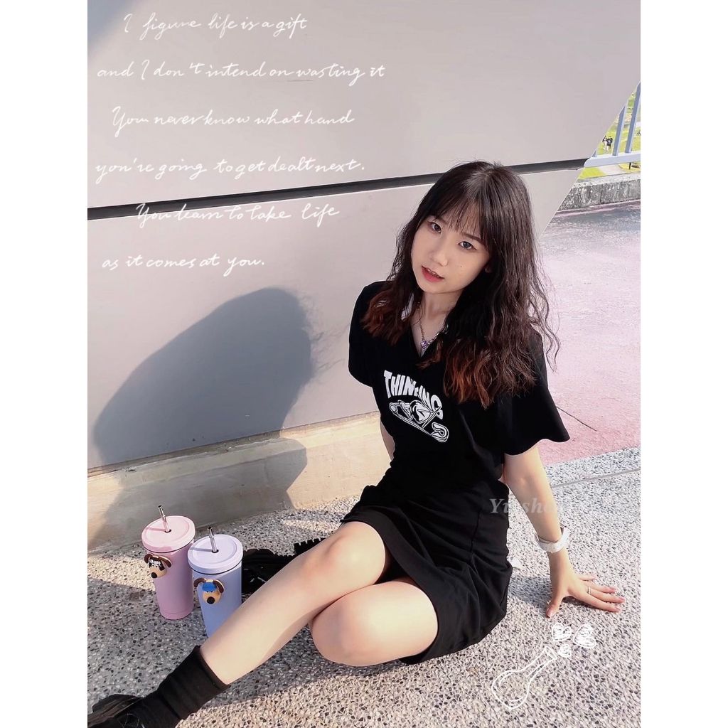 美式印花綁帶收腰包臀裙上衣♡