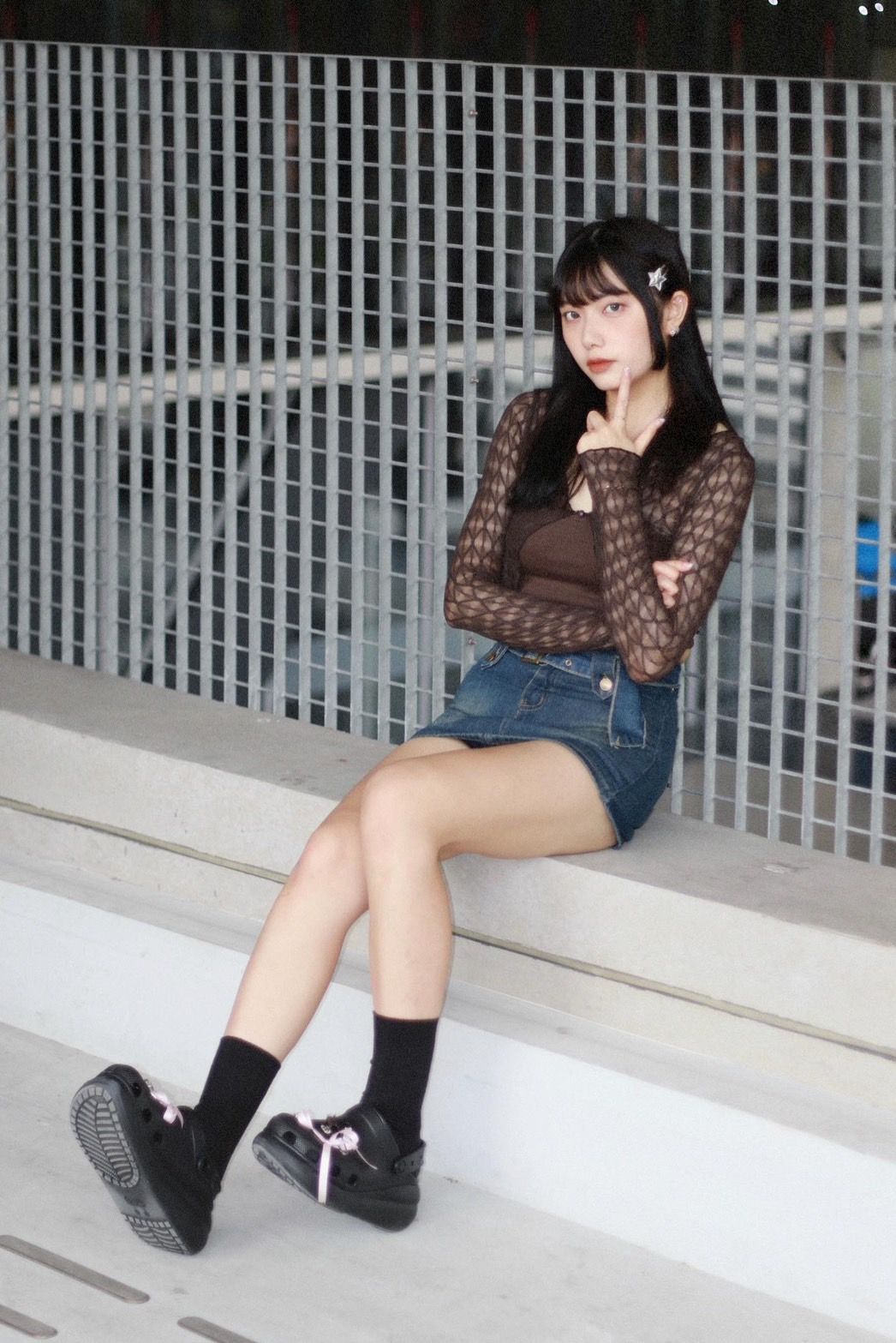 甜辣𝟭+𝟭蝴蝶掛脖吊帶+高腰牛仔半身裙（安全褲）♡