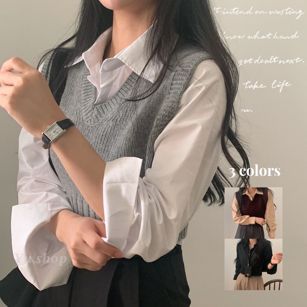 韓版短版長袖素色百搭襯衫♡