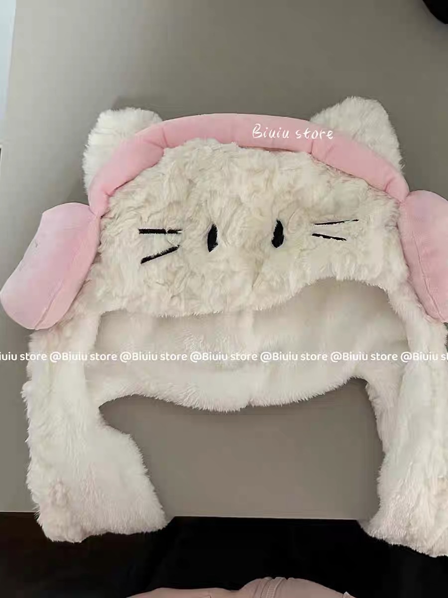 耳機貓毛絨帽子圍巾