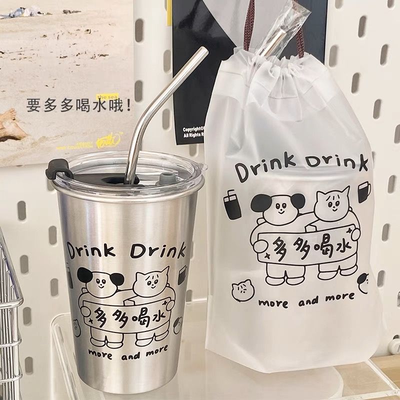 starry jungle 原創插畫多多喝水 304不鏽鋼帶蓋吸管杯