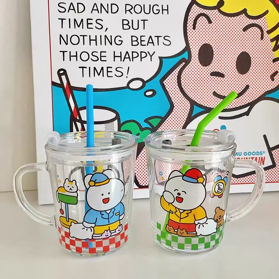 PIDO 卡通插畫帶蓋玻璃杯