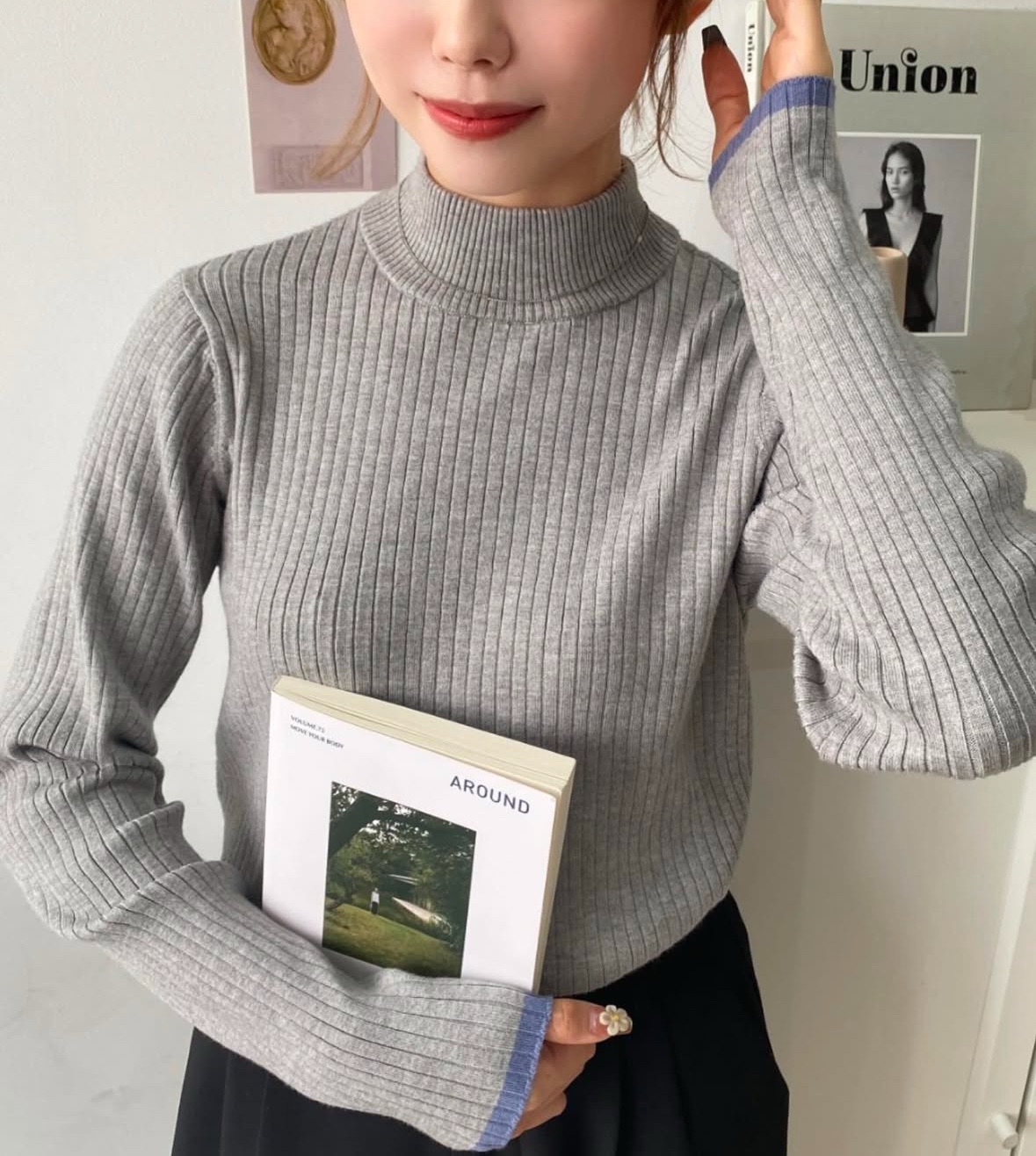 日牌代購 （全新 現貨）袖口撞色羅紋上衣 灰色 毛衣 吊牌未剪