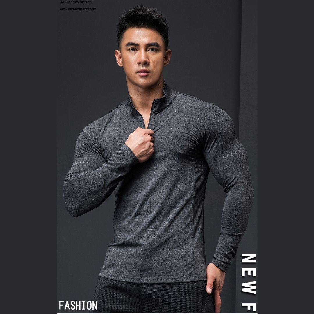 WOLF立領拉鍊健身緊身T恤 -深灰色