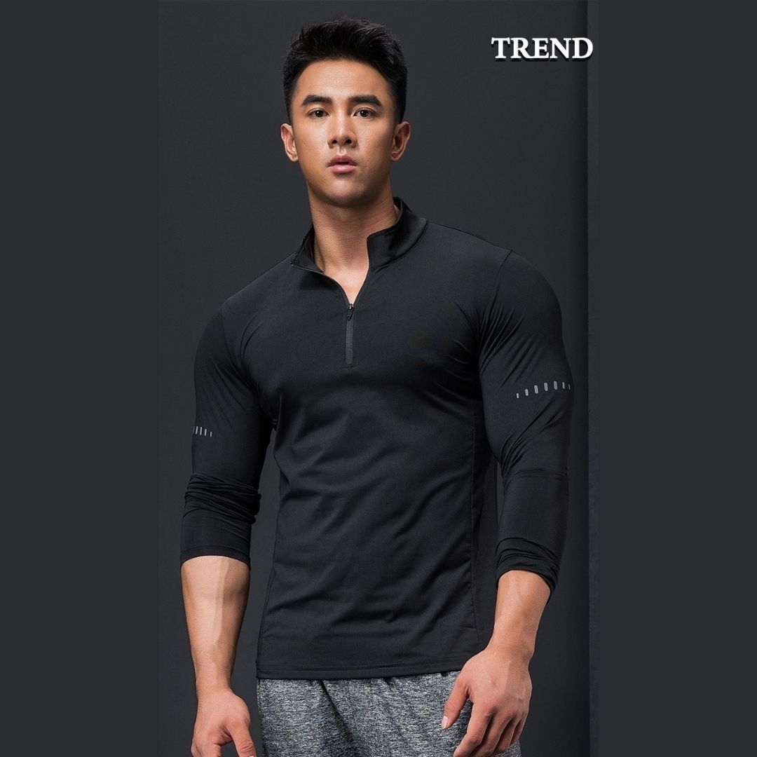 WOLF立領拉鍊健身緊身T恤 -黑色