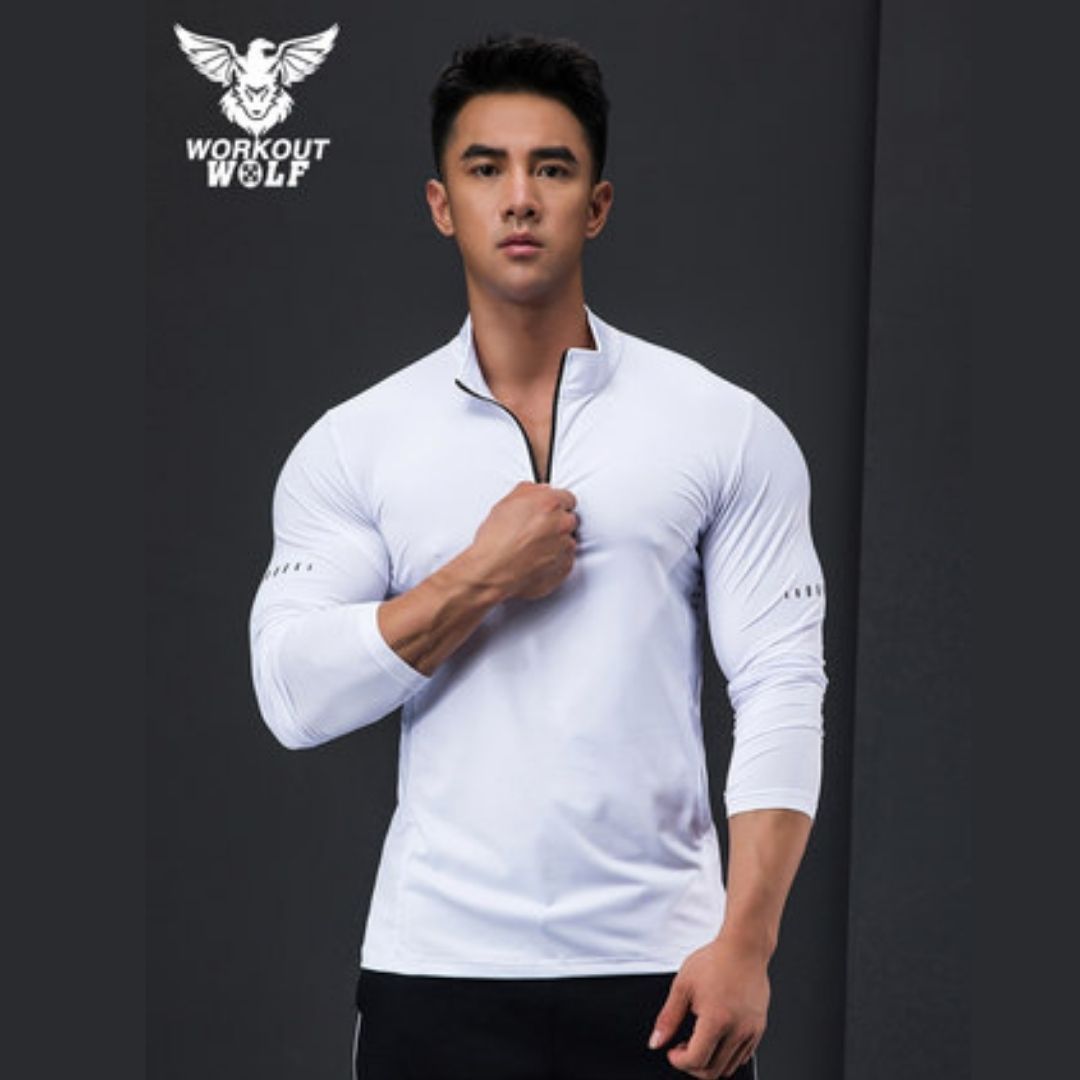WOLF立領拉鍊健身緊身T恤 -白色