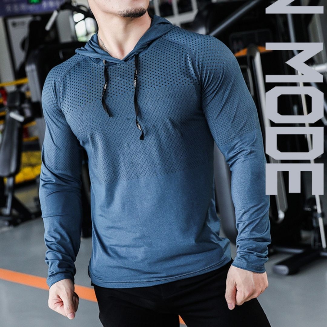 WOLF 抽繩連帽 緊身帽T-藍色