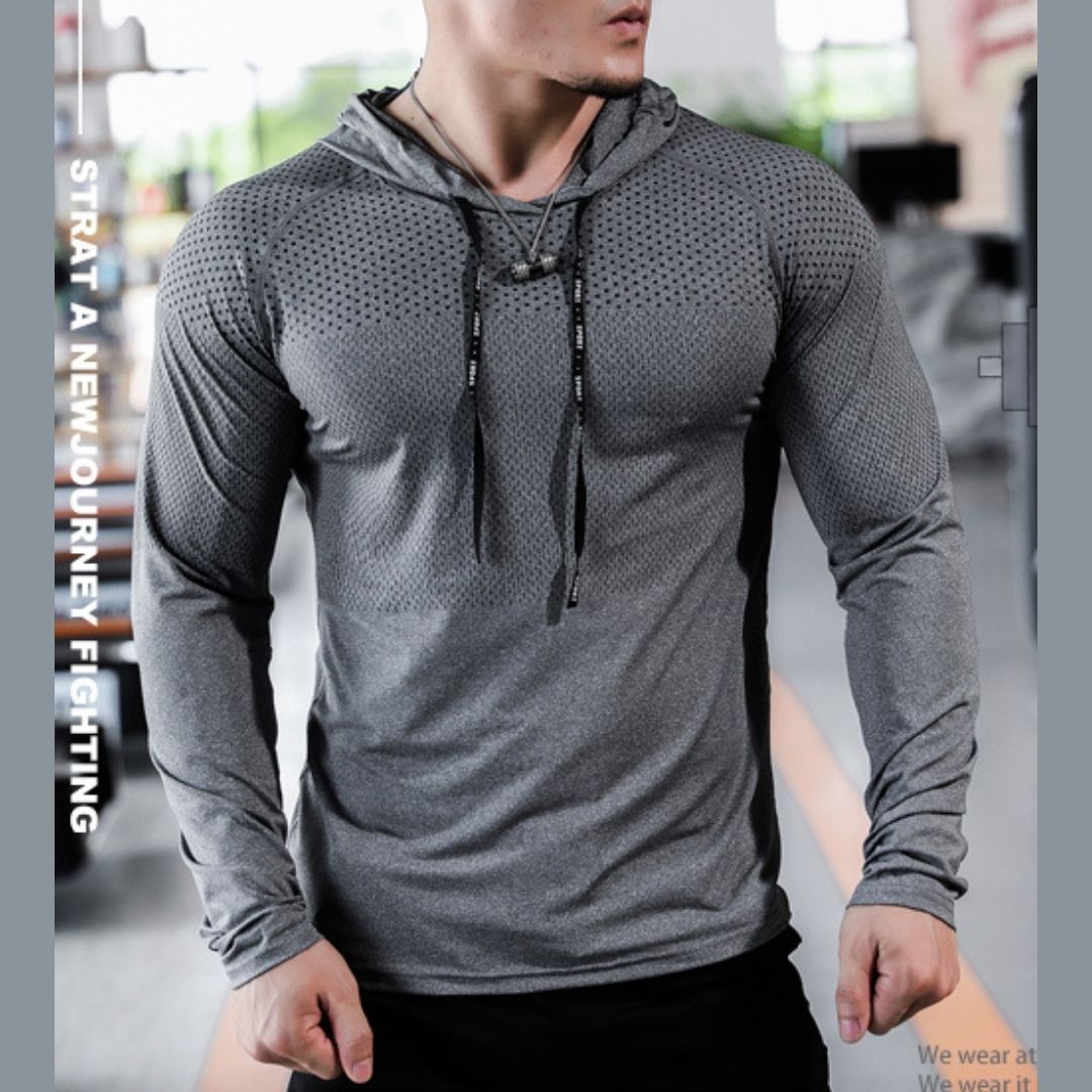 WOLF 抽繩連帽 緊身帽T-灰色