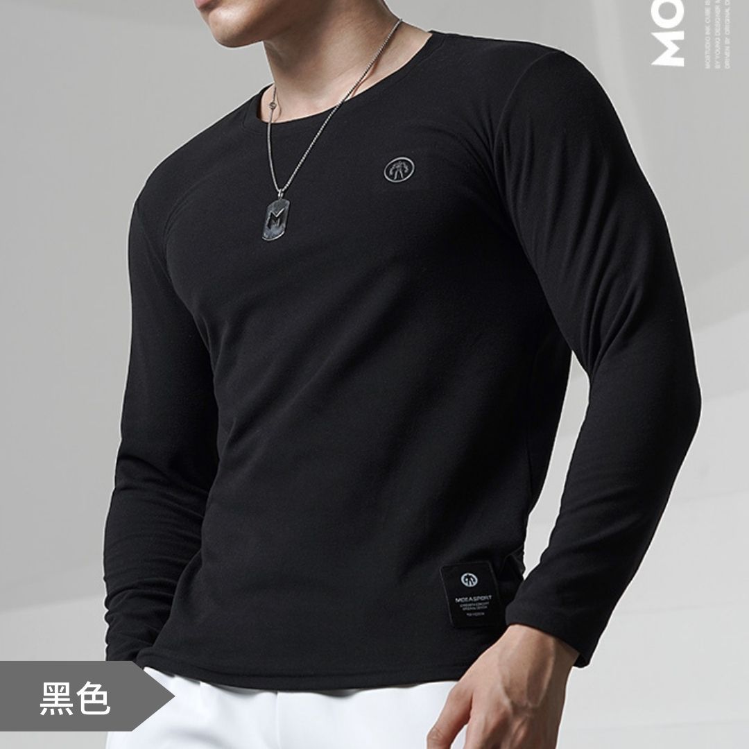 預購款 MOEA SPORT 胸口小肌肉人圖章印 長袖T恤-黑色