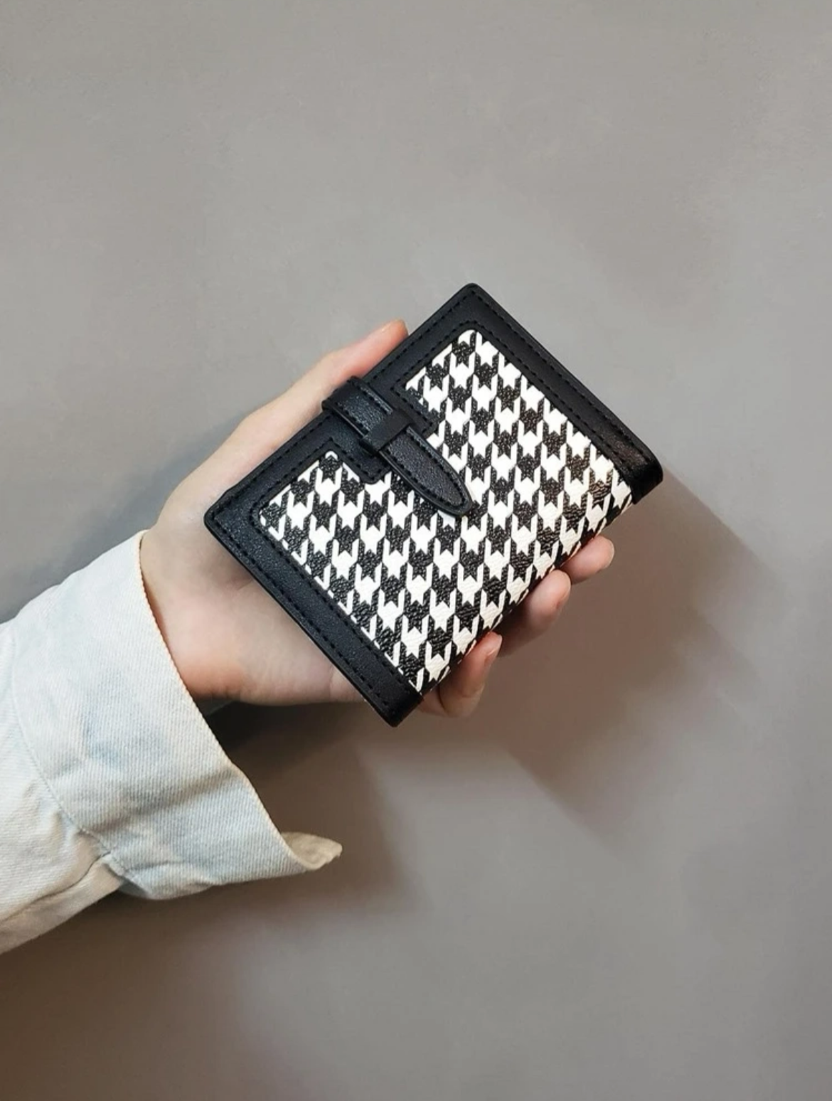 經典復古女款短款錢包，帶卡槽拉鍊包，犬牙格和豹紋印花，黑色星期五聖誕節禮物袋，老師們的禮物