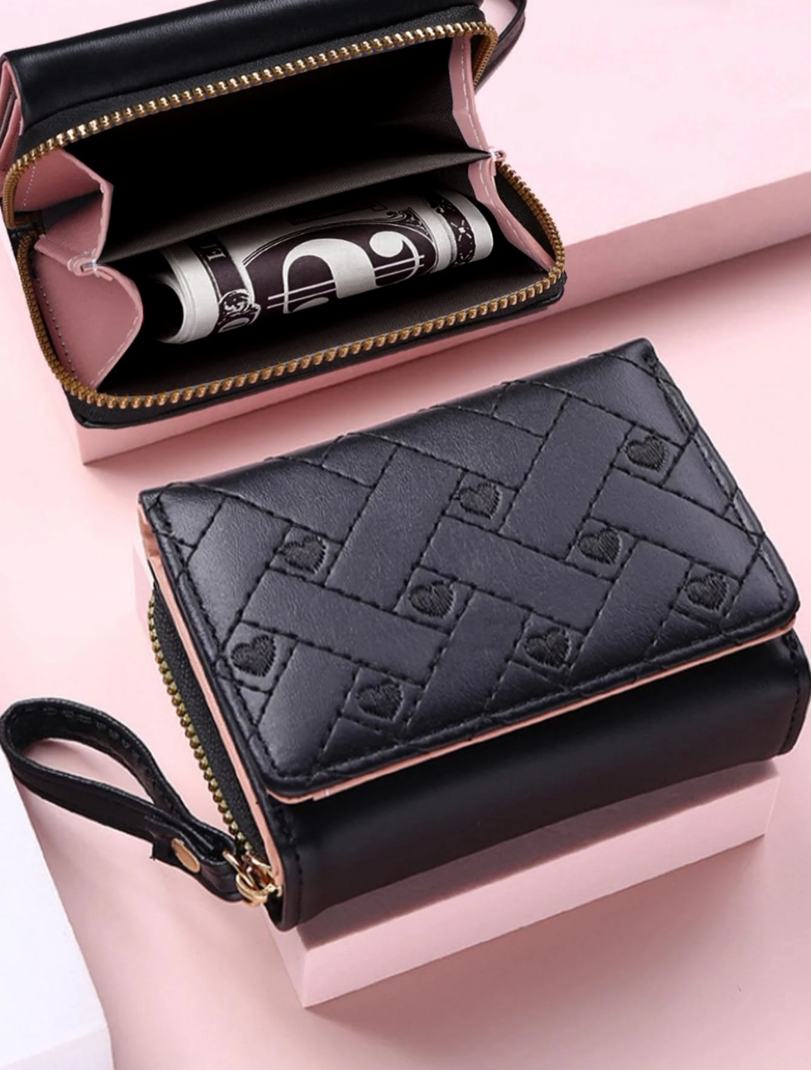 全網最低女士錢包折疊式卡包多卡夾短款時尚刺繡心形包pu皮革極簡主義時尚現代商務週年紀念日情人節